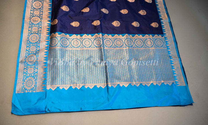 Dark Navy Blue And Sky Blue Banarasi Katan Silk Saree And Blouse
