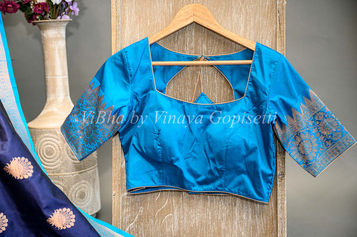 Dark Navy Blue And Sky Blue Banarasi Katan Silk Saree And Blouse
