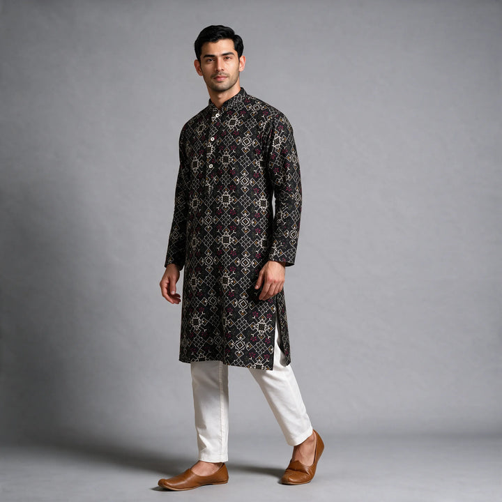 Black Patola Print Handloom Cotton Kurta