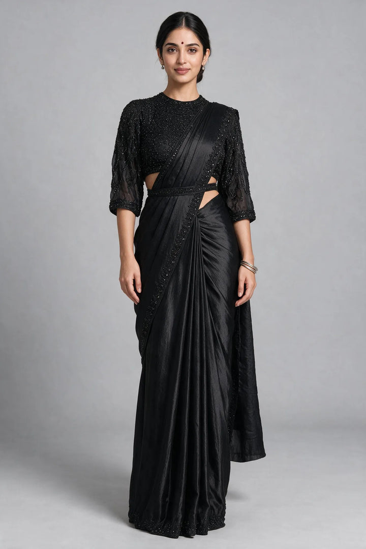 Black self bead embroidered pre draped saree and blouse
