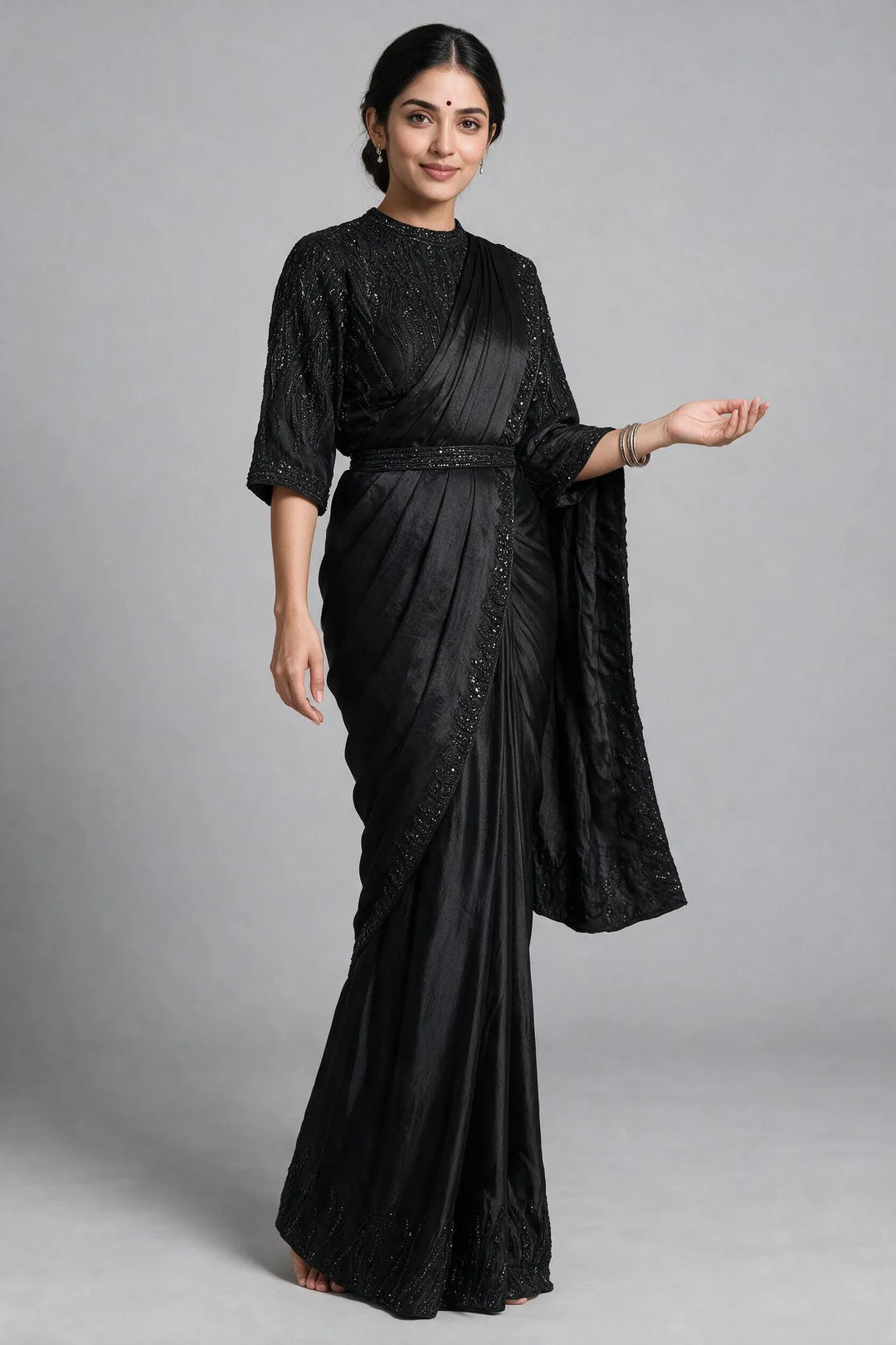 Black self bead embroidered pre draped saree and blouse