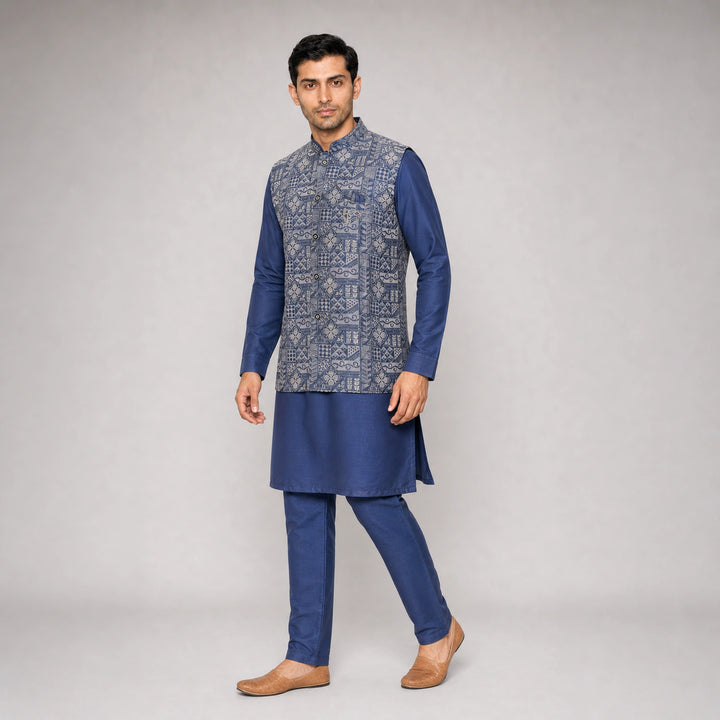 Blue Kurta Pajama with Embroidered Vest
