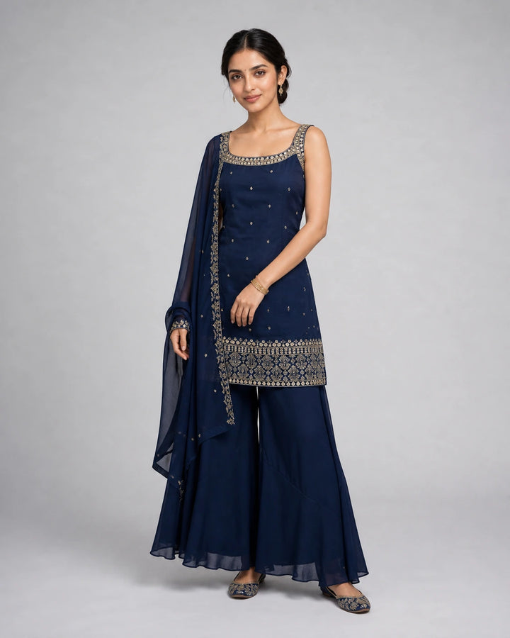 Teal Blue Sleeveless Embroidered Sharara Set