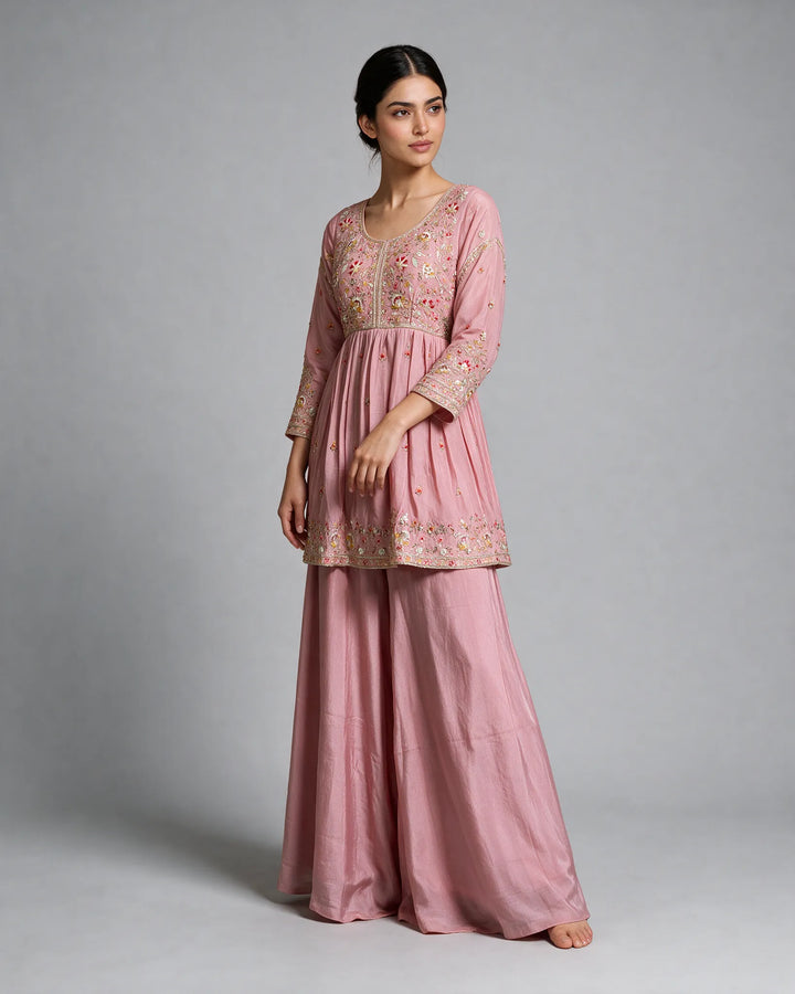 Blush Pink Embroidered Sharara Set