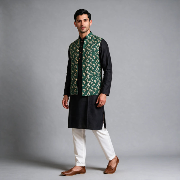 Bottle Green Banarasi Brocade Vest