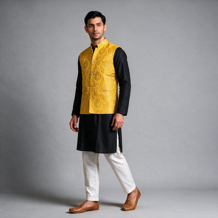 Bright Yellow Banarasi Brocade Vest