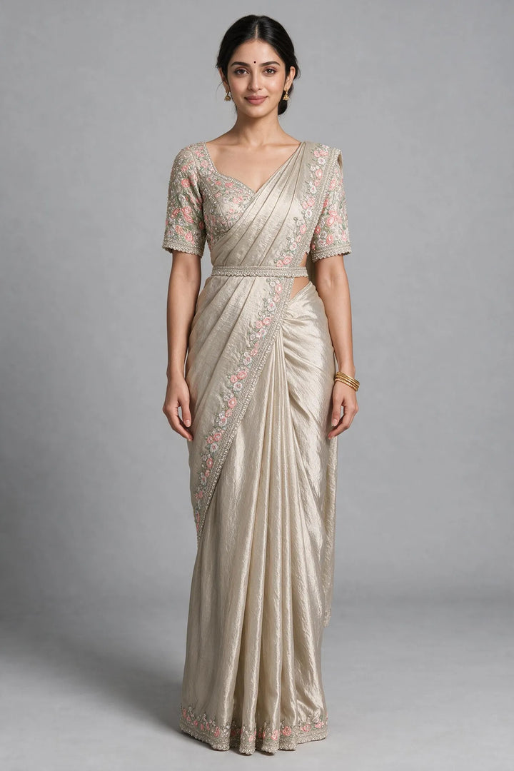 Champagne Silver Pre draped saree and blouse