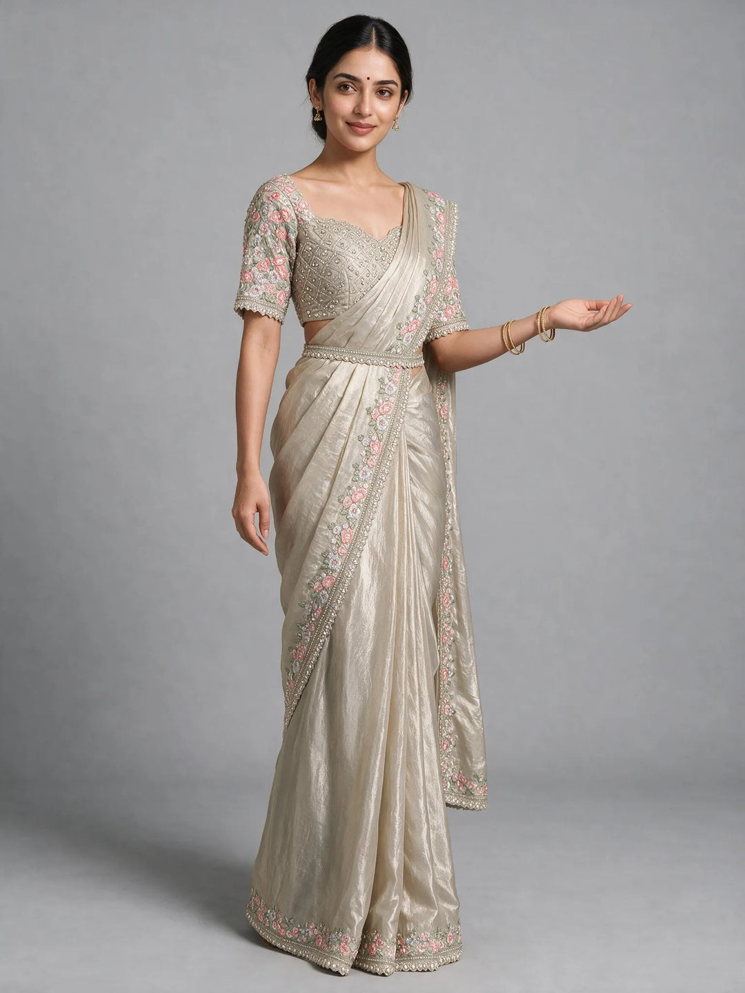 Champagne Silver Pre draped saree and blouse