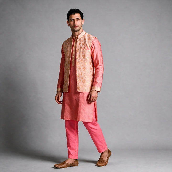 Coral Kurta With Bottom And Peach Brocade Vest