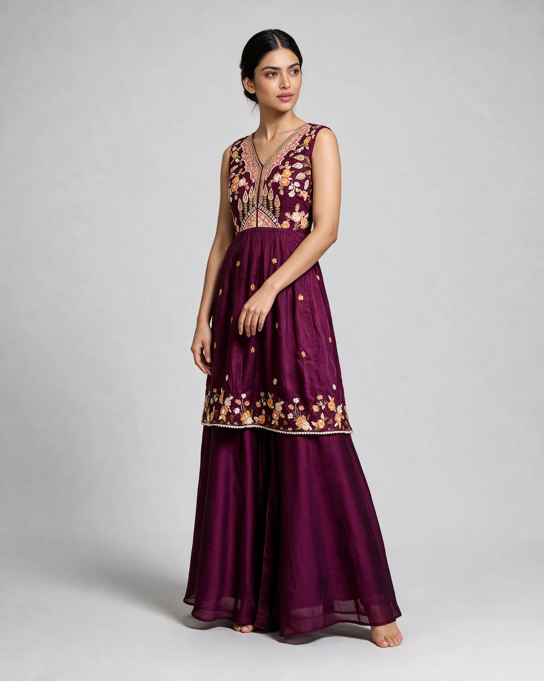 Deep Magenta Embroidered Sharara Set