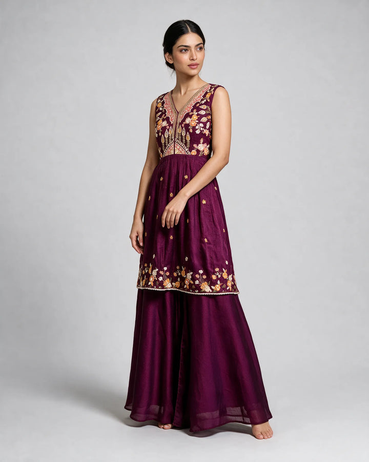 Deep Magenta Embroidered Sharara Set