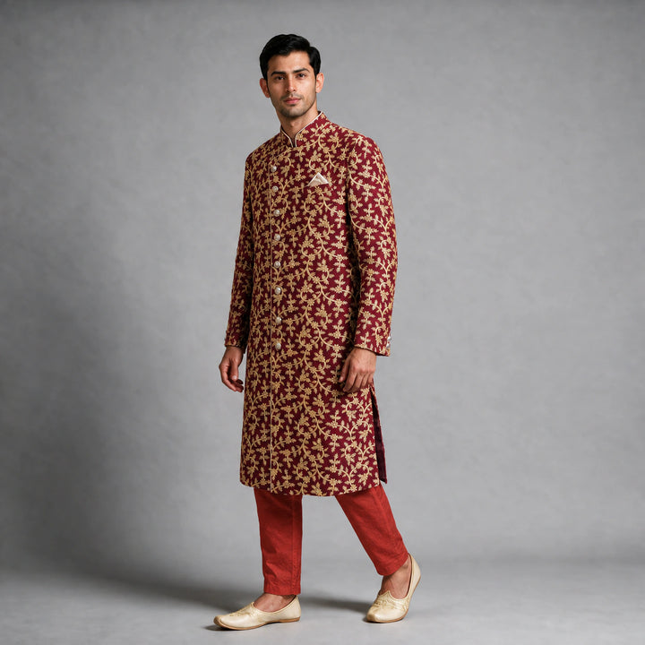 Deep Maroon Embroidered Sherwani Set