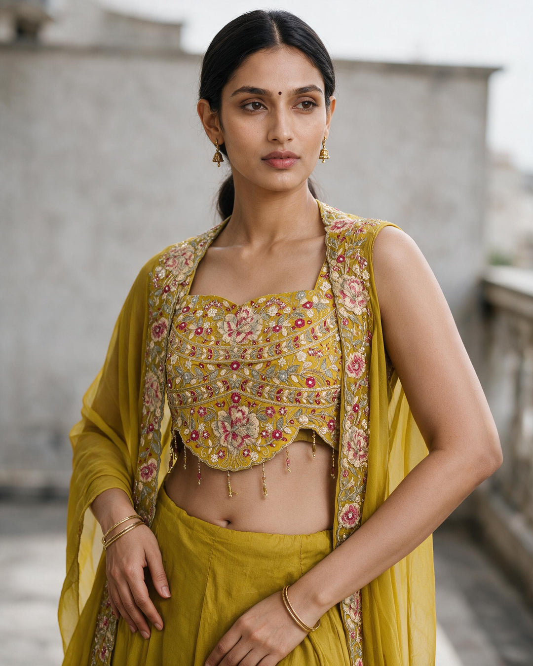 Mustard Yellow Embroidered Sharara Set with a Cape