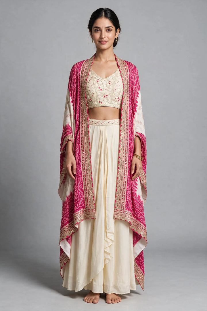 Ivory and Rani Pink Bandhej Cape Embroidered Fusion Draped Skirt Set
