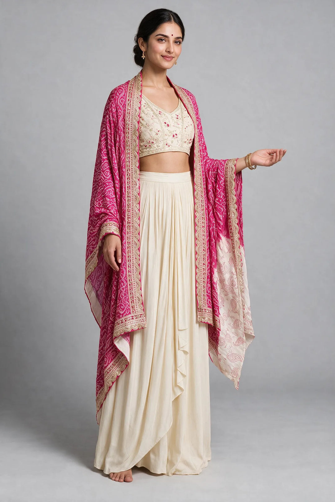Ivory and Rani Pink Bandhej Cape Embroidered Fusion Draped Skirt Set