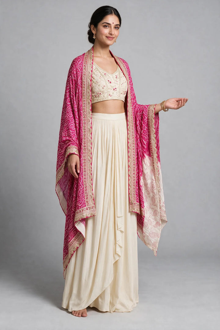 Ivory and Rani Pink Bandhej Cape Embroidered Fusion Draped Skirt Set