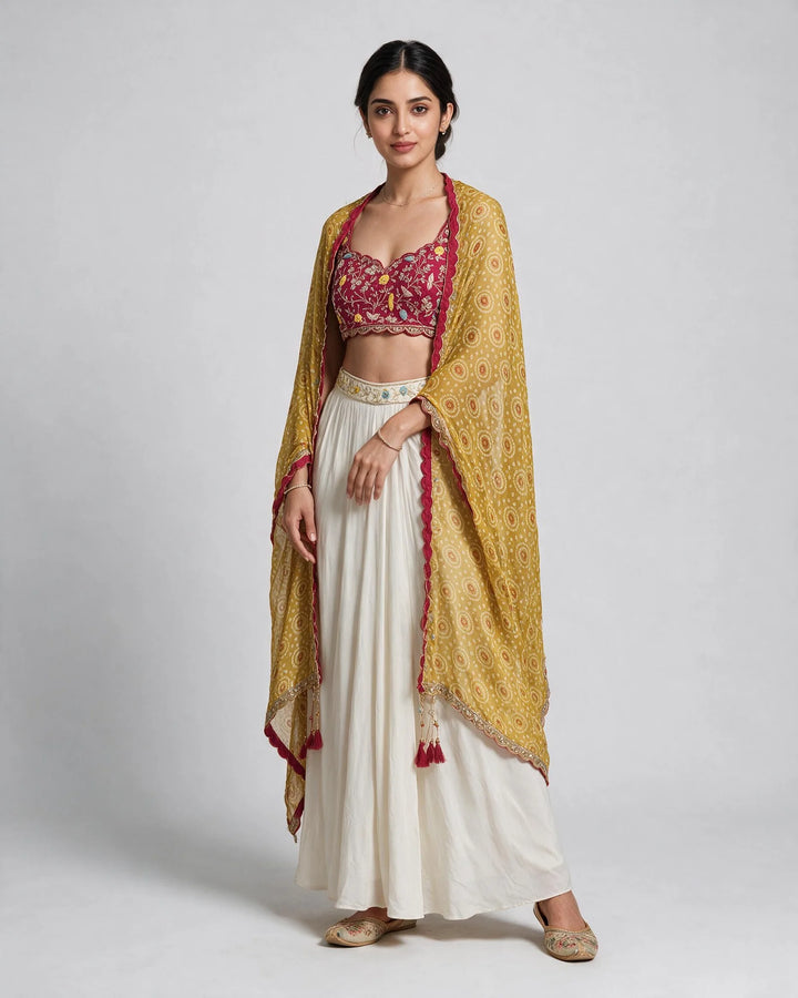 Ivory, Rani Pink &amp; Mustard Fusion Draped Skirt Set