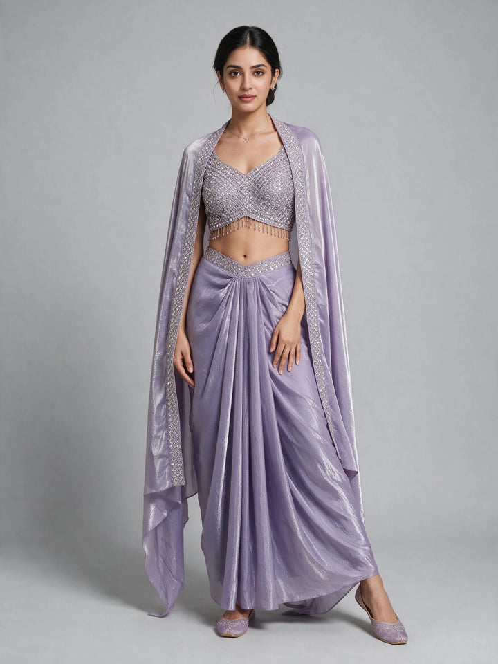 Lavender Embellished Fusion Draped Skirt Set