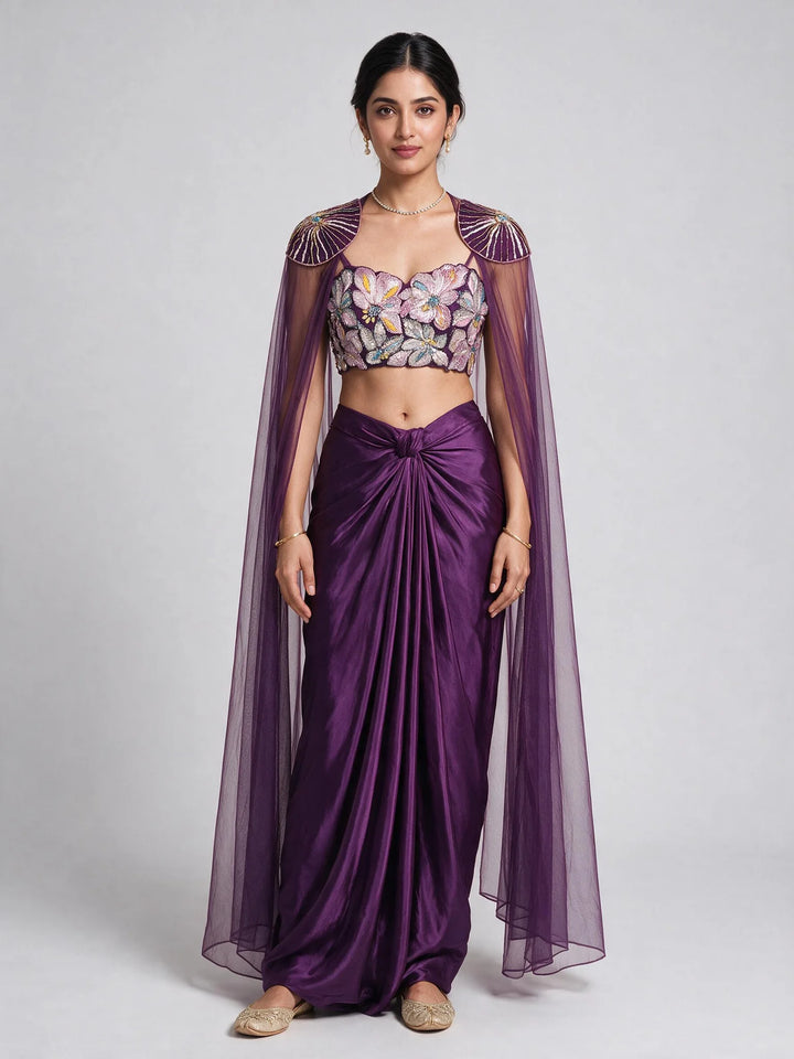 Purple Floral Embellished Fusion Draped Skirt Set