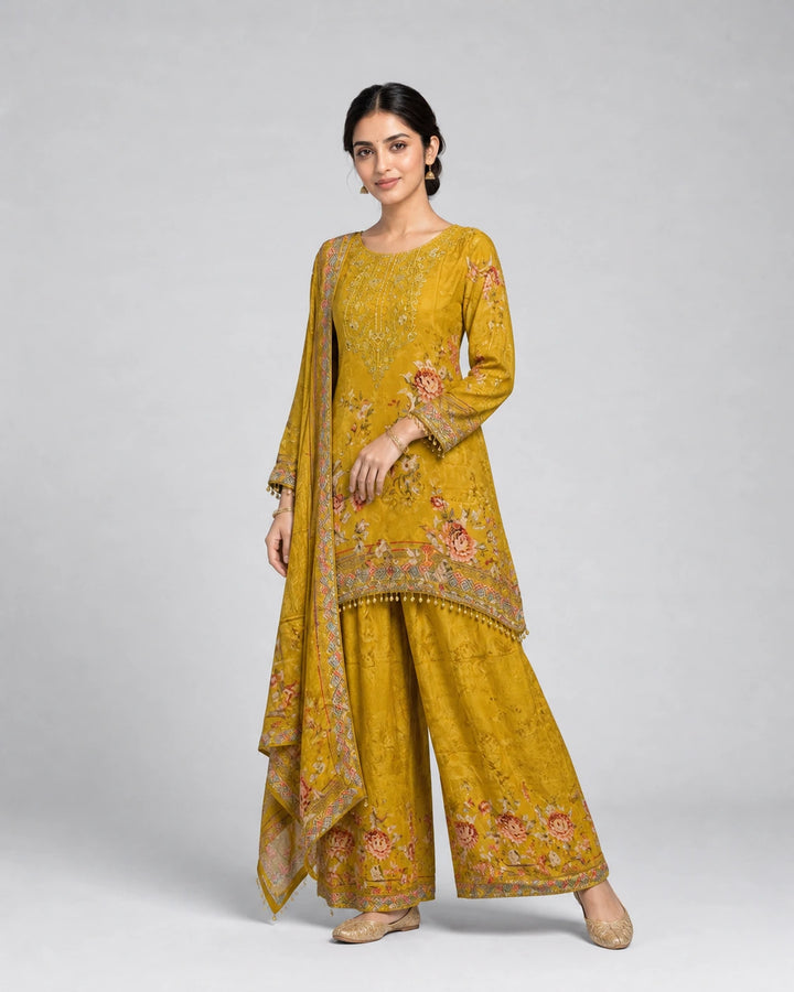 Mustard Yellow Floral Print Bead Embroidered Sharara Set