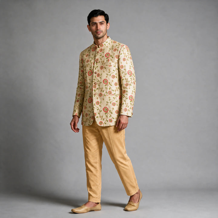 Gold And Multi Color Embroidered Jodhpuri Set