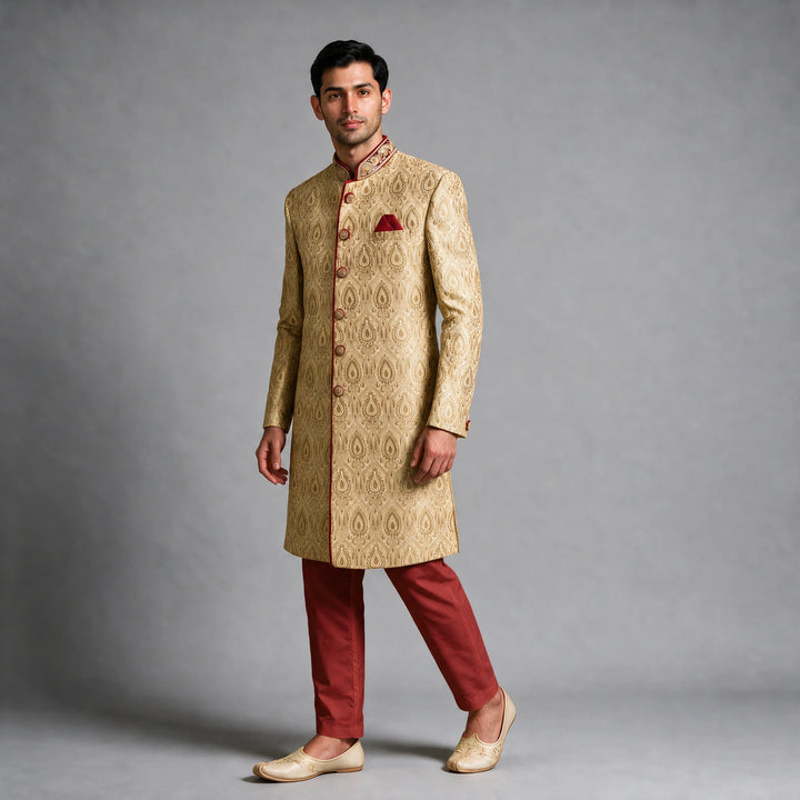Gold Brocade And Maroon Sherwani Set