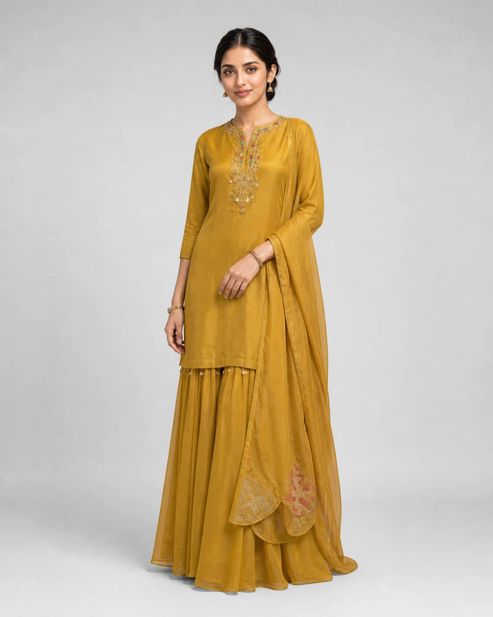 Mustard Gold Tissue Sharara Set
