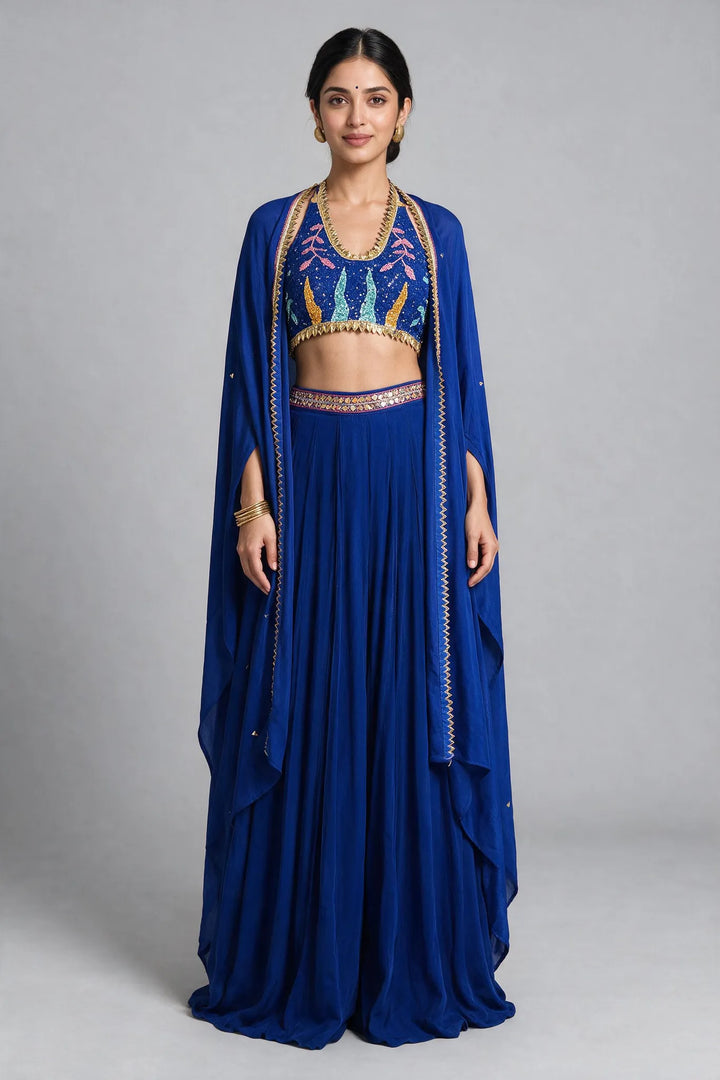 Royal Blue Multicolor Embellished Fusion Draped Skirt Set