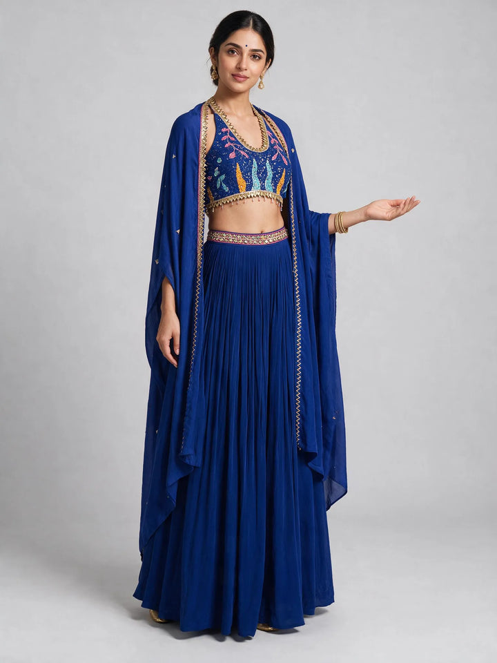 Royal Blue Multicolor Embellished Fusion Draped Skirt Set