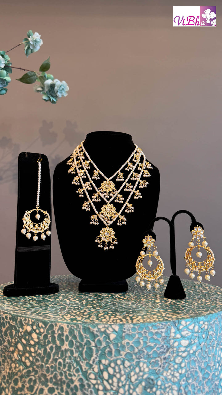 Pearl Kundan Polki Satlada Style Set