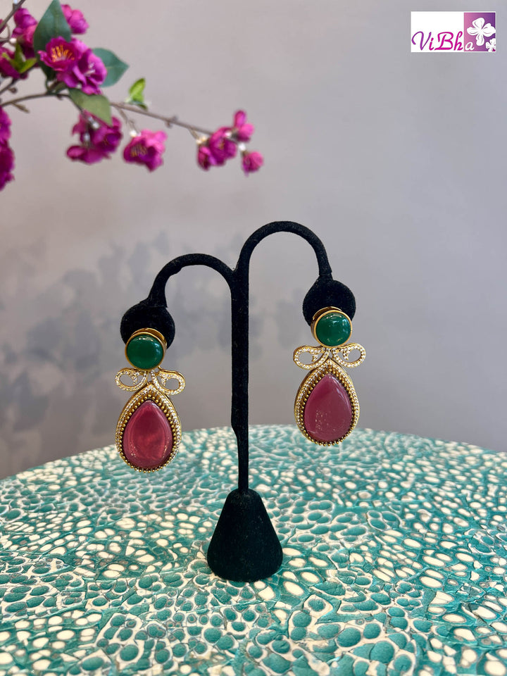 Gold Finish Red and Green Stone Earrings
