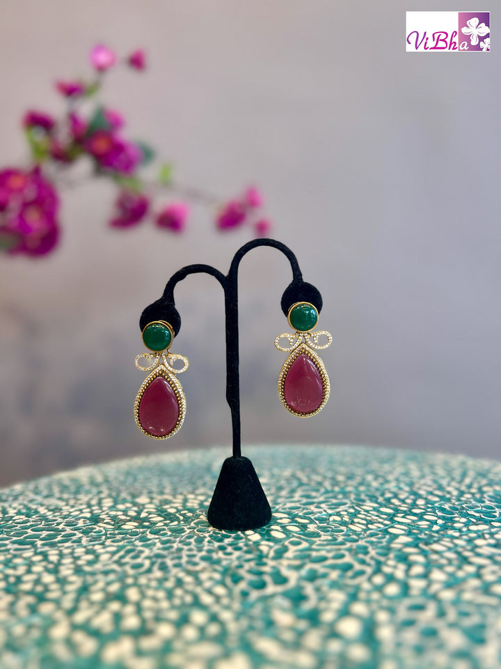 Gold Finish Red and Green Stone Earrings