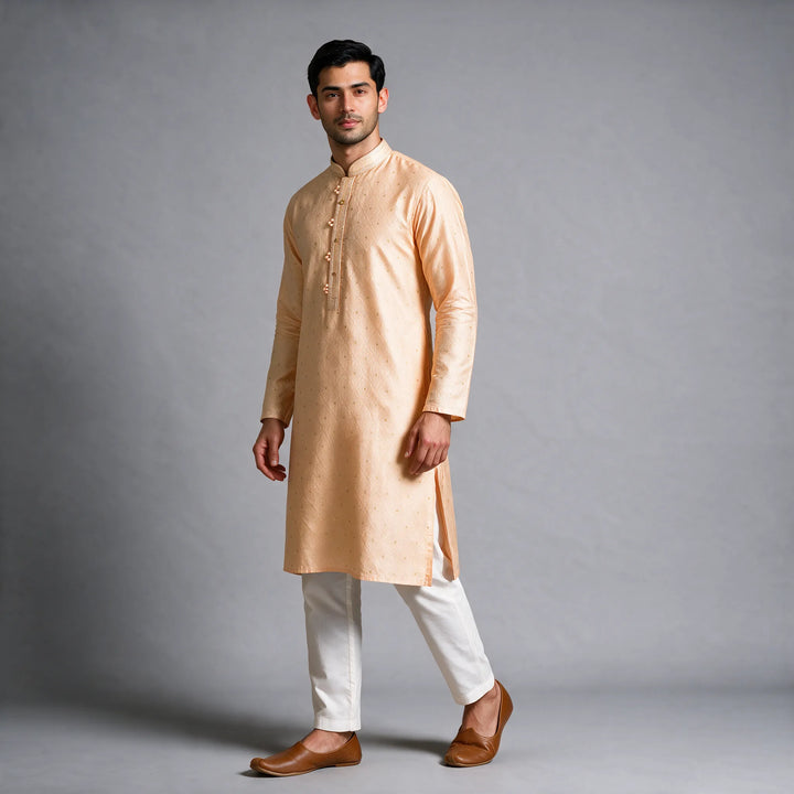 Light Peach Embroidered Neckline Silk Kurta And Bottom