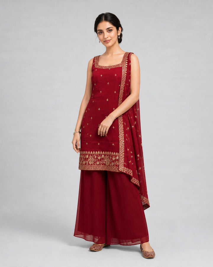 Maroon Red Sleeveless Sharara Set