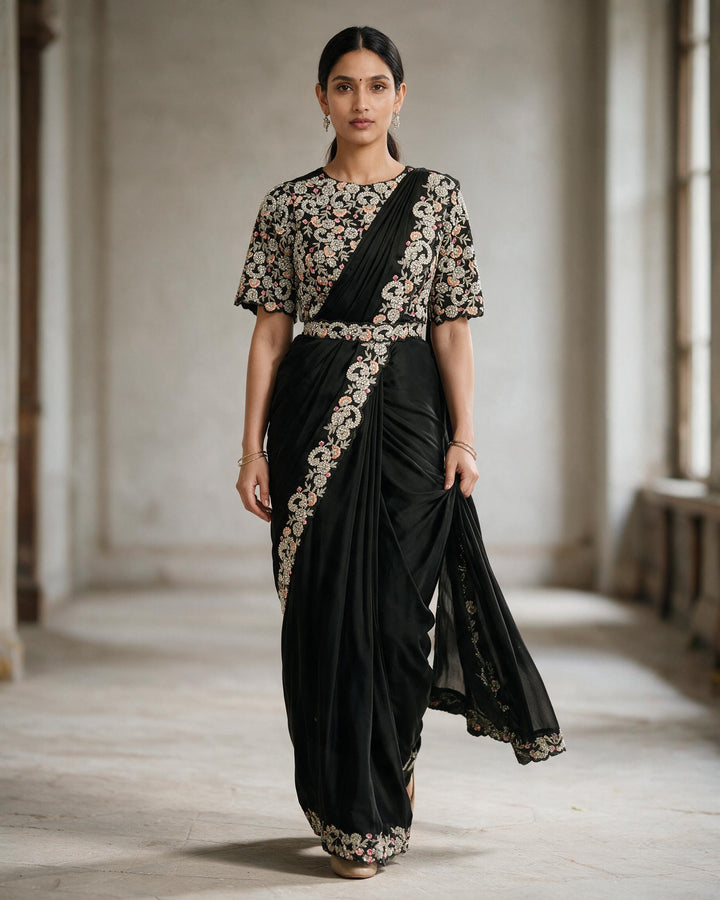 Dark Mehendi green Pre draped saree and blouse