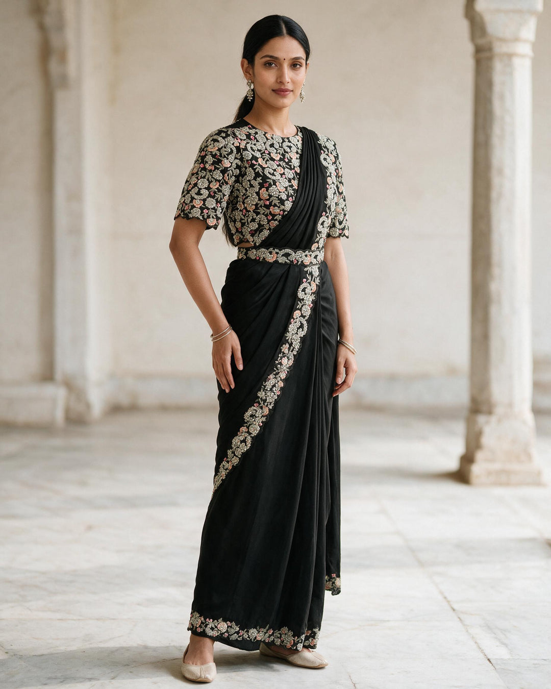 Dark Mehendi green Pre draped saree and blouse