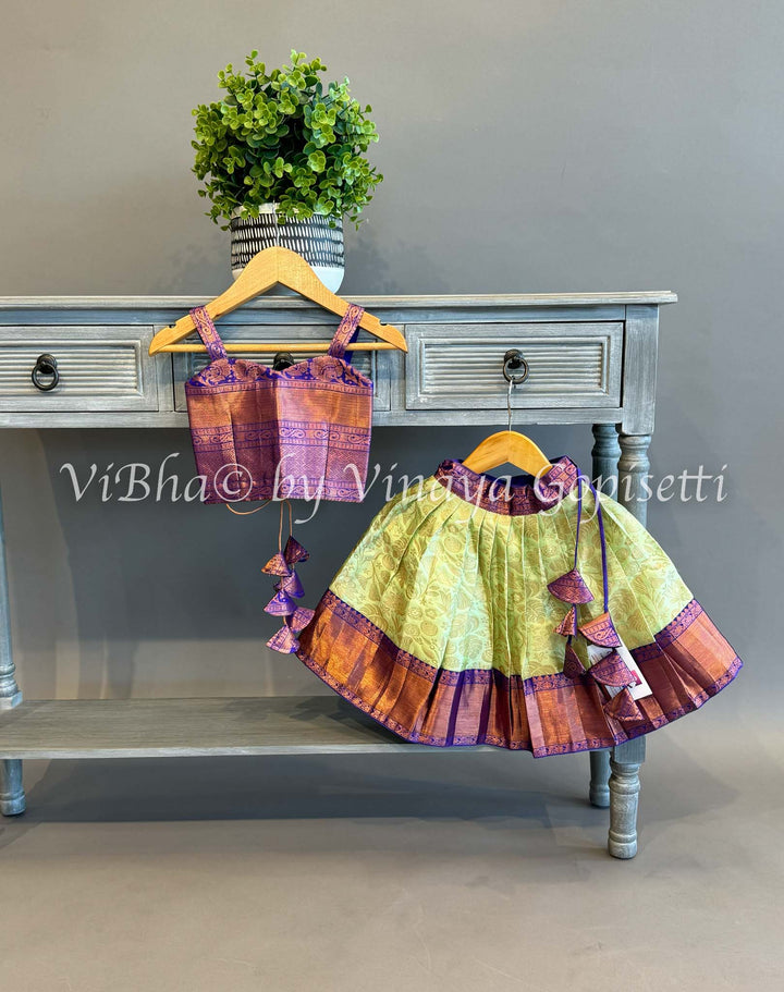 Mint and Purple Kanchi Silk Skirt And Top