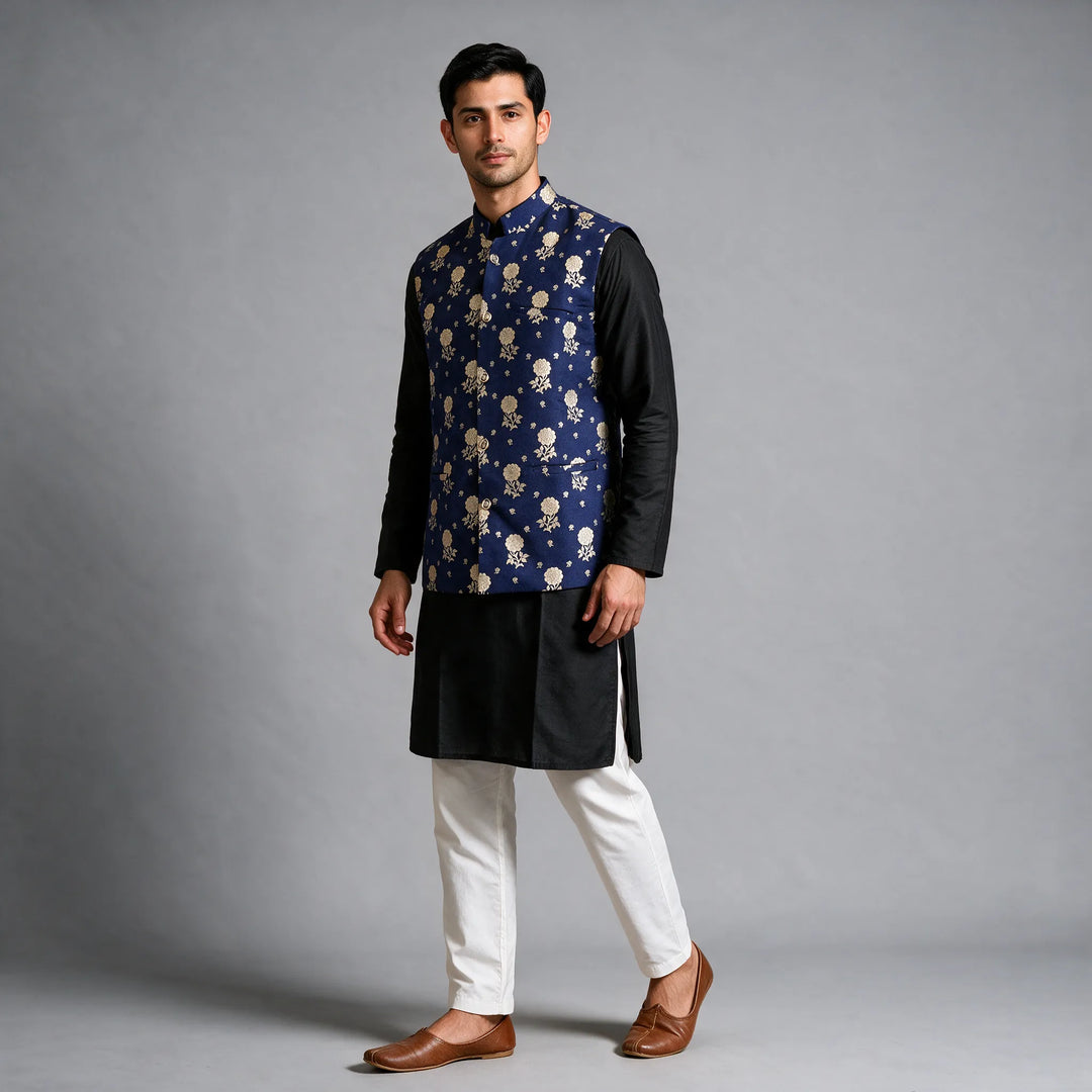 Navy Blue Banarasi Brocade Vest