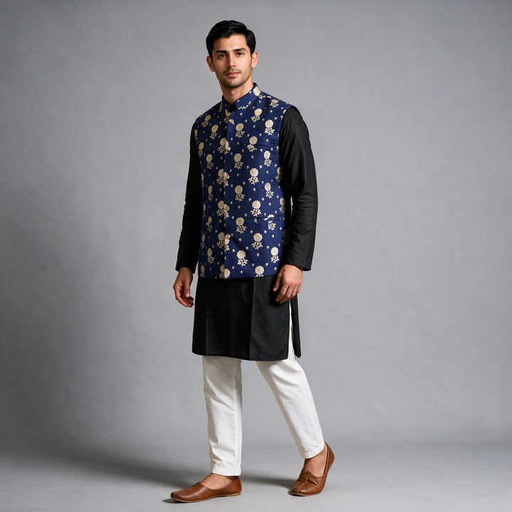 Navy Blue Banarasi Brocade Vest