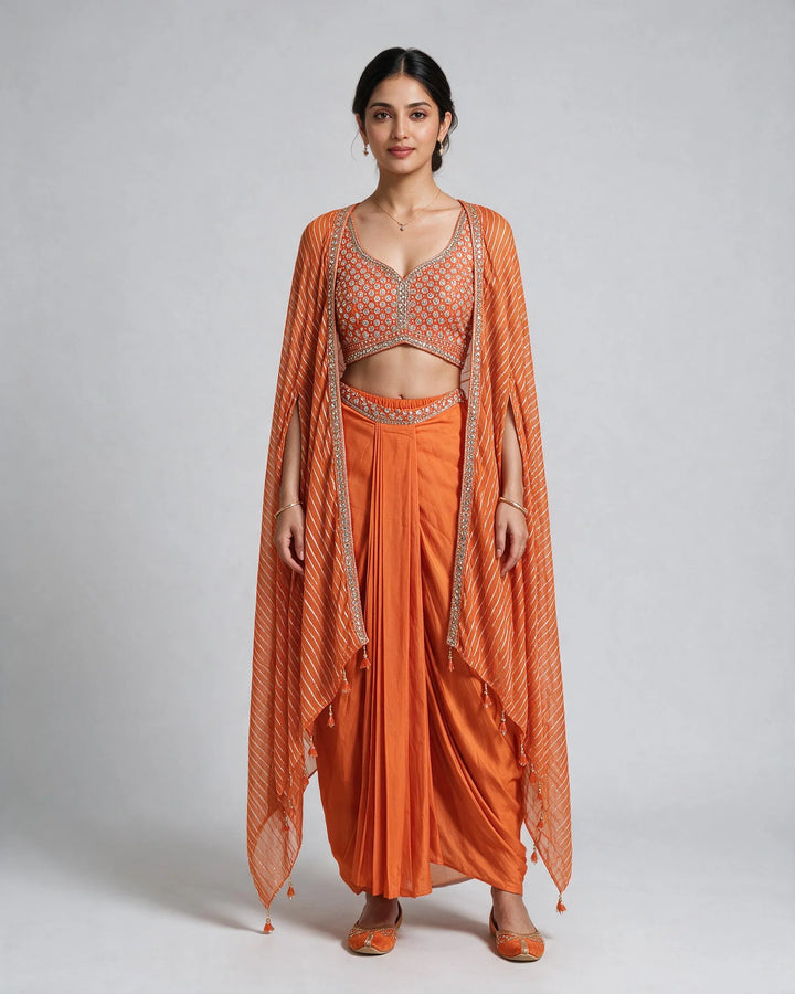 Bright Orange Embroidered Fusion Draped Skirt Set