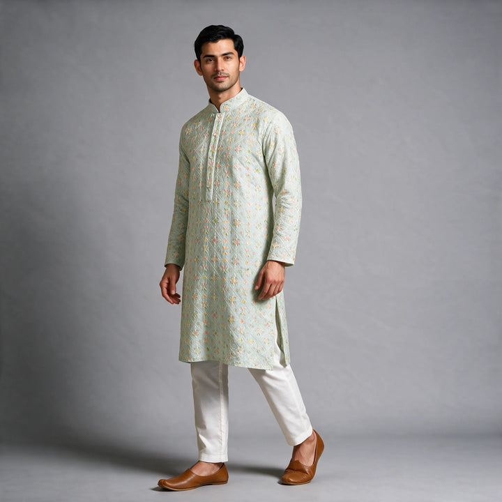 Pastel Mint Floral Thread Embroidered Kurta With Bottom