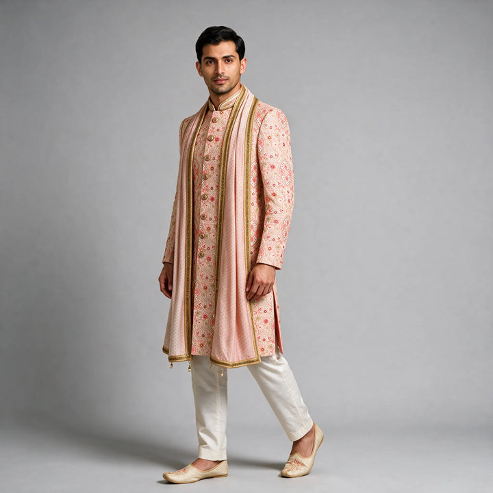Peach Embroidered Sherwani Set