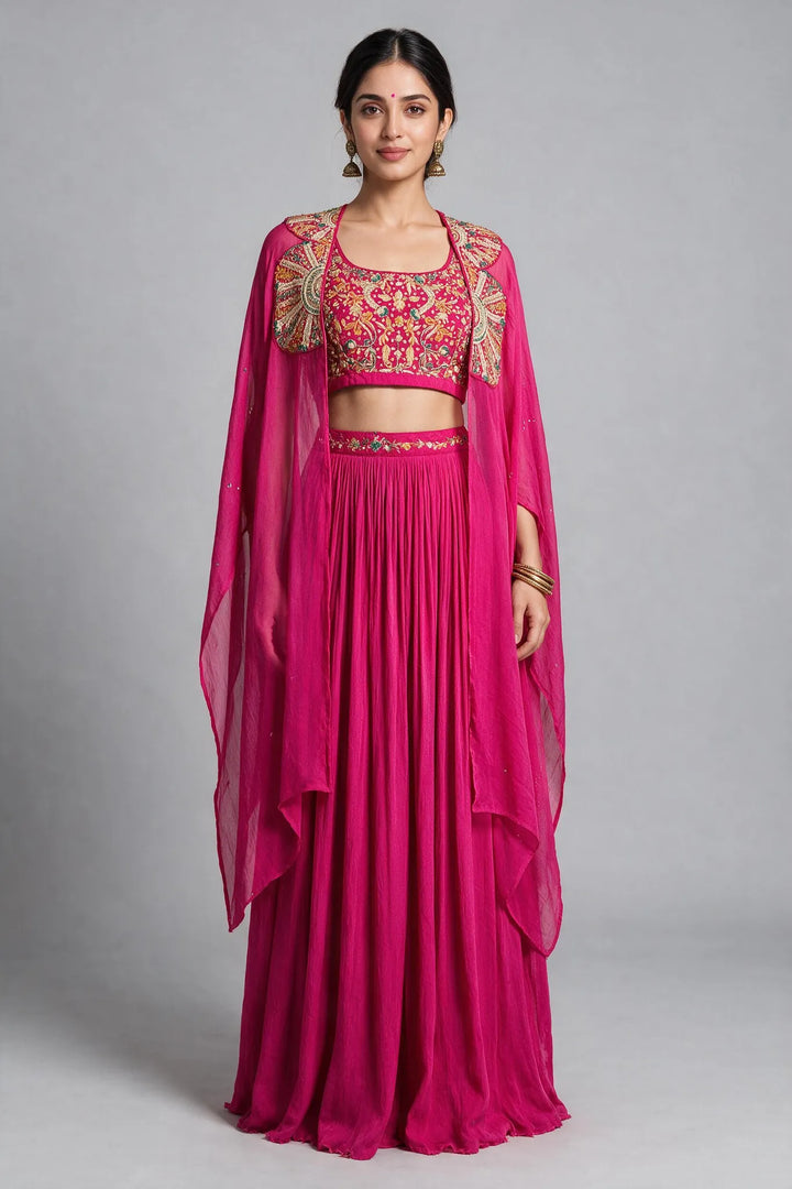 Rani Pink Embroidered Cape Fusion Draped Skirt Set
