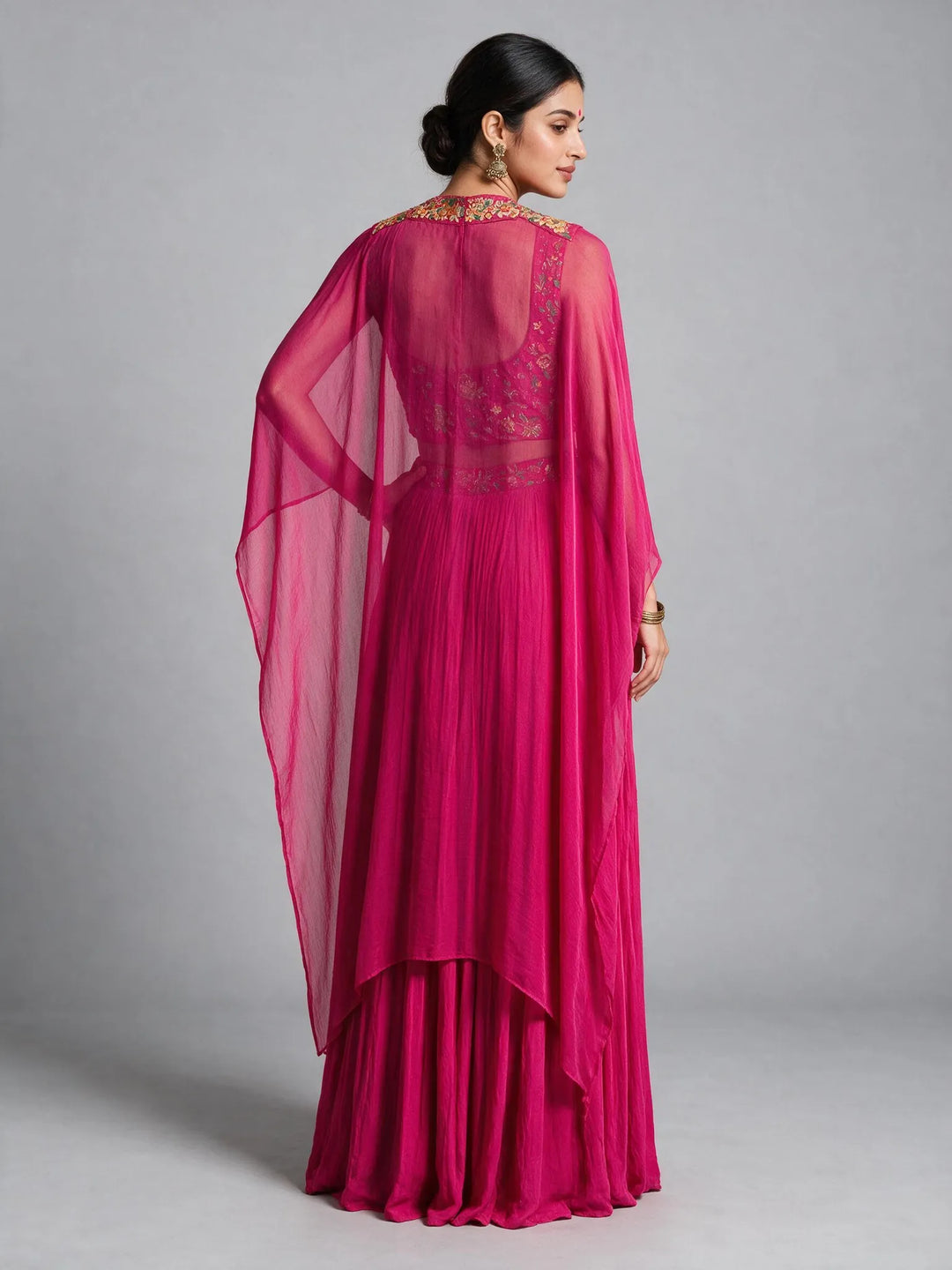 Rani Pink Embroidered Cape Fusion Draped Skirt Set