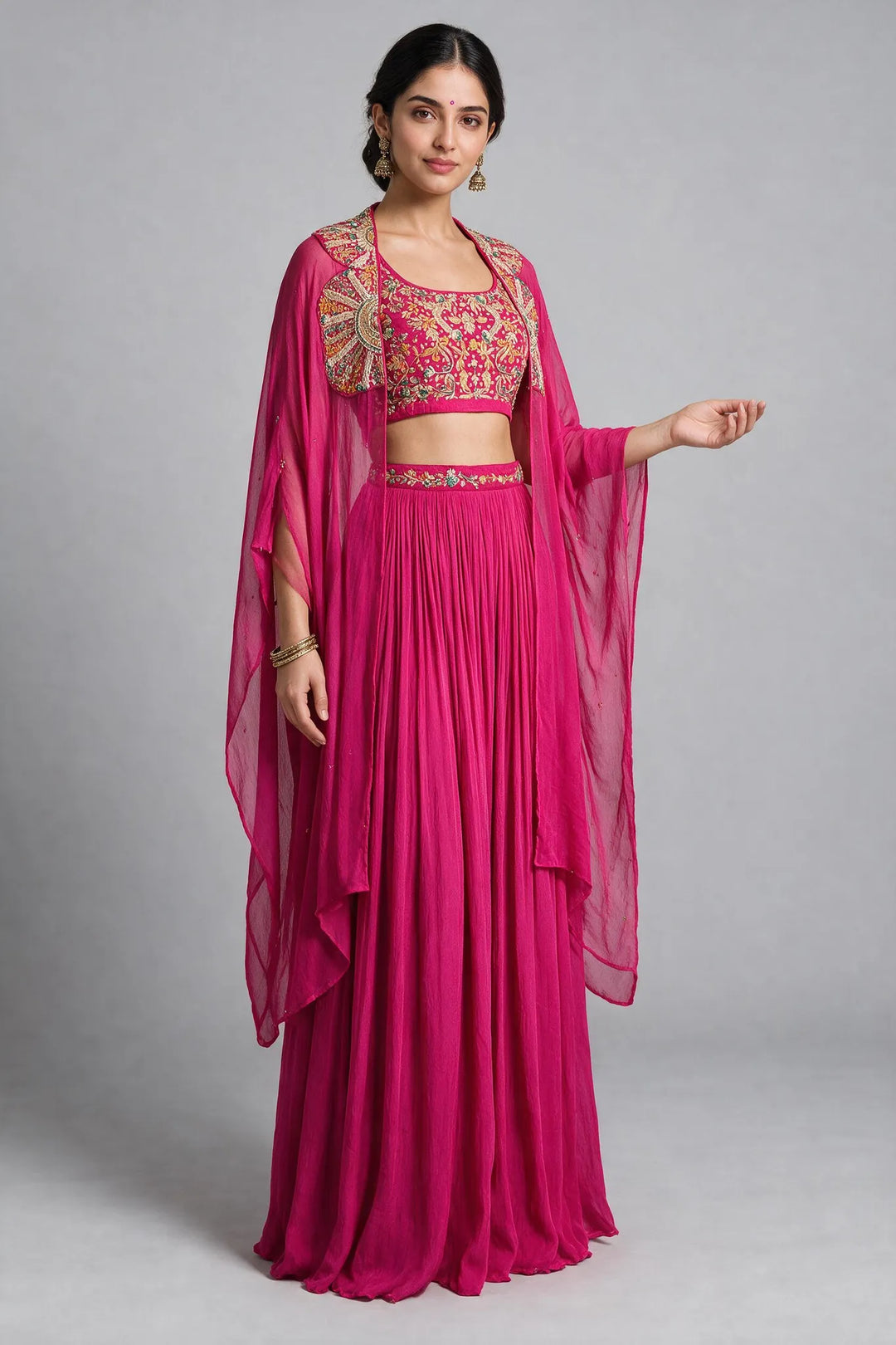Rani Pink Embroidered Cape Fusion Draped Skirt Set