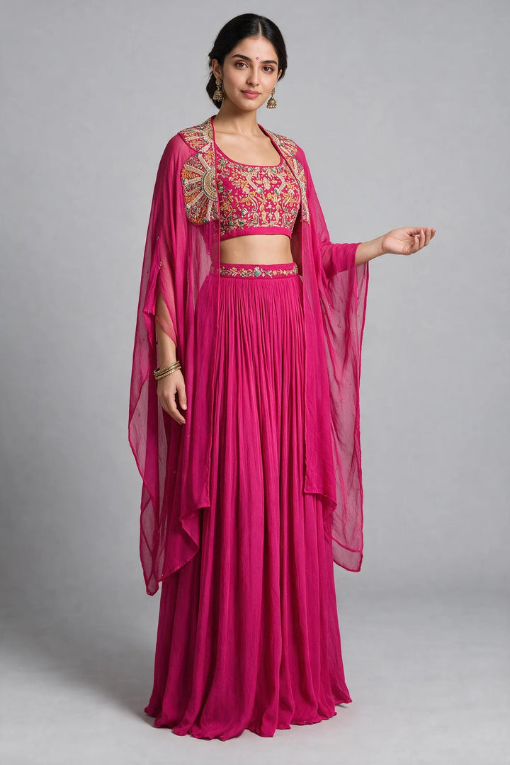 Rani Pink Embroidered Cape Fusion Draped Skirt Set