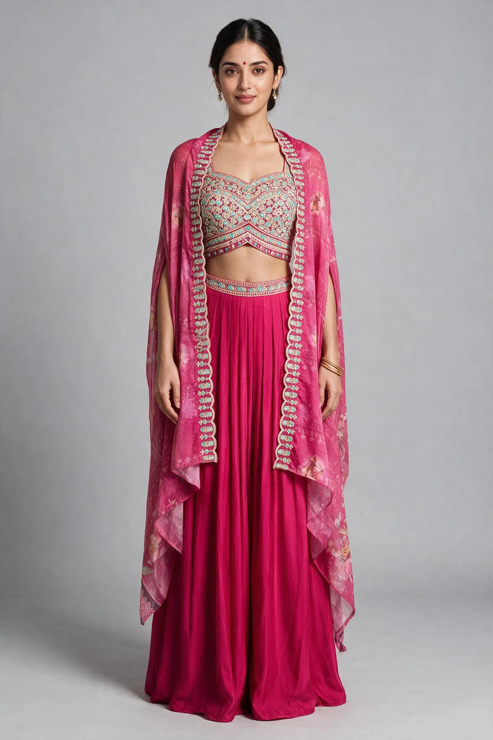 Rani Pink Embroidered Fusion Draped Skirt Set