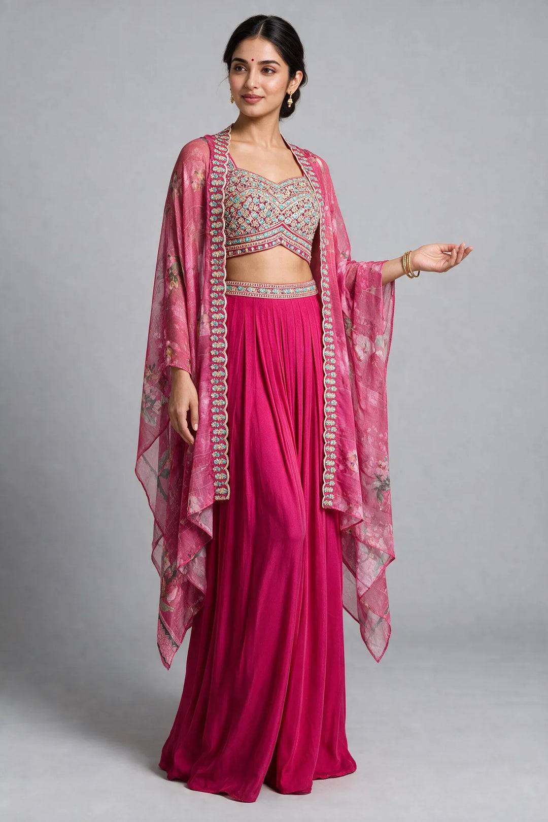 Rani Pink Embroidered Fusion Draped Skirt Set