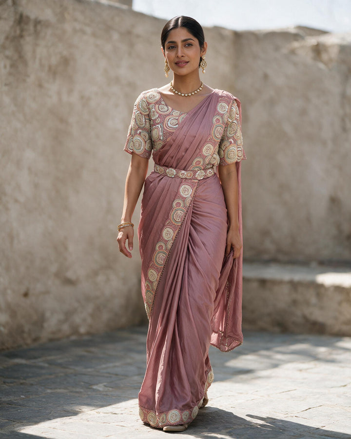 Dusty rose pink pre draped saree and blouse