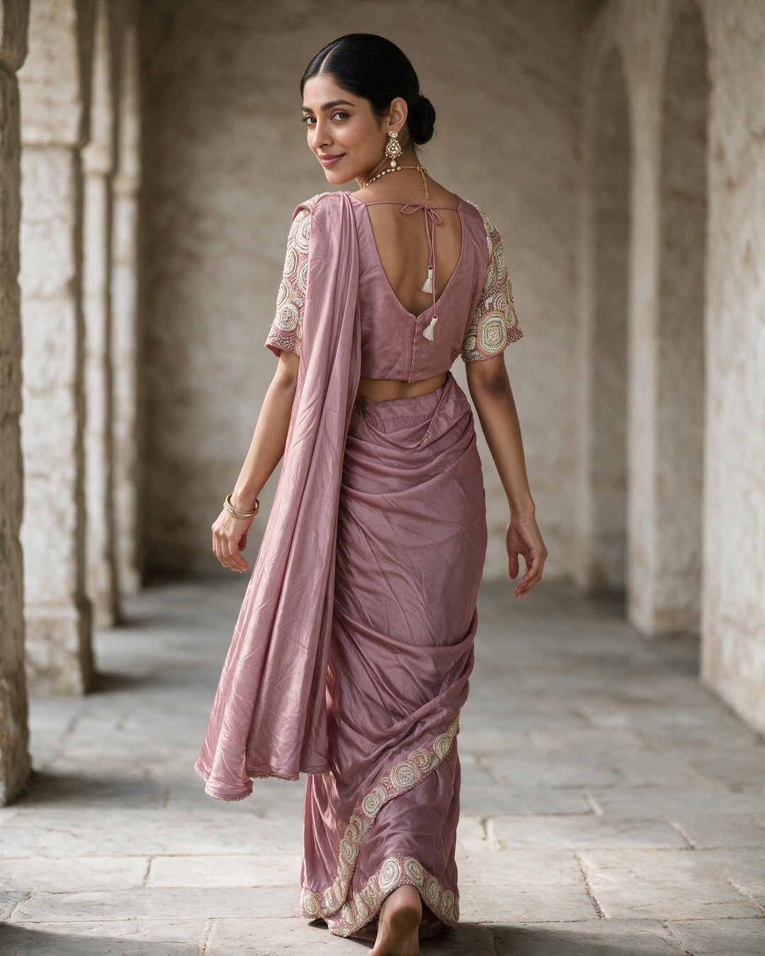 Dusty rose pink pre draped saree and blouse